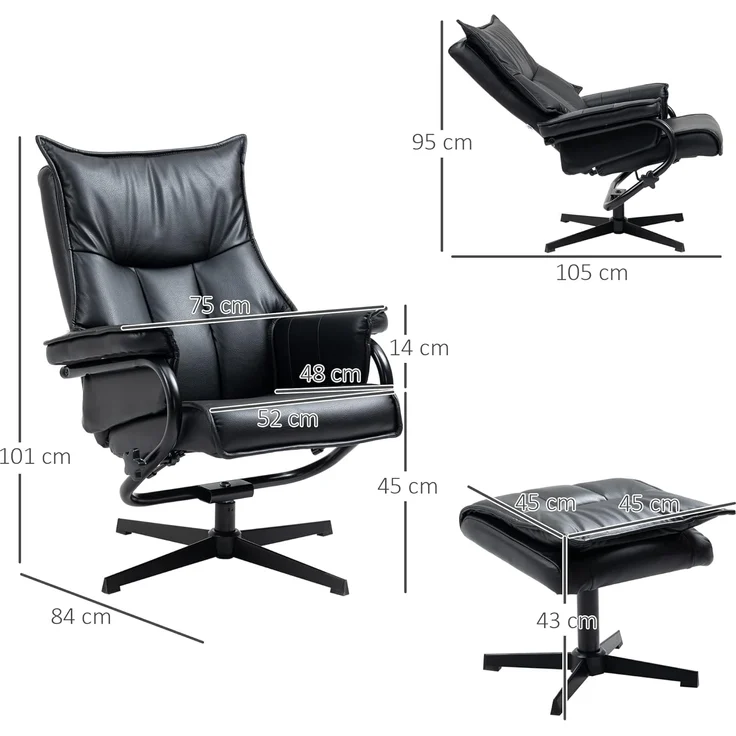 HOMCOM Polsterstuhl drehbarer Relaxsessel mit Hocker (Ruhesessel, 2 St), für Wohnzimmer, Büro, Kunstleder, Stahl, Schwarz – Bild 3