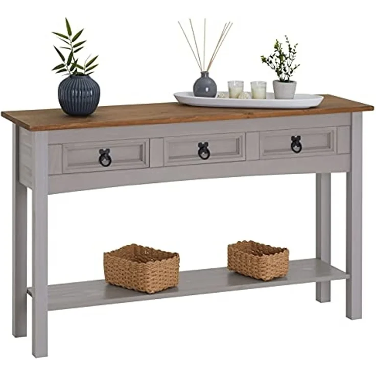 CARO-Möbel Konsolentisch Ramon im Mexiko Stil, eleganter Beistelltisch aus Kiefer massiv mit 3 Schubladen, 1 praktischer Ablageboden grau/braun lackiert – Bild 4
