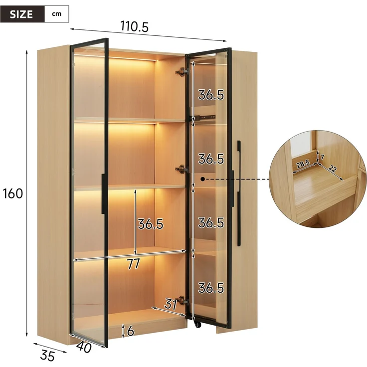 ZUBALIYA Multifunktionsschrank 110,5×35×160cm-Vitrine mit Glastür und LED, Seitenauszug, Rollschrank - Hochschrank im modernen Stil, Vitrine,Esszimmerschrank,Bücherregal, Badezimmerschrä – Bild 6