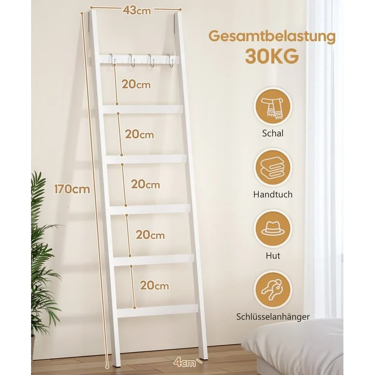 Yorbay Handtuchleiter Handtuchhalter Bambus, 6 Ebenen Leiterregal, 5 Haken und 2 Sicherheitsgurten, 60x170 cm, für Bad, Wohnzimmer – Bild 3