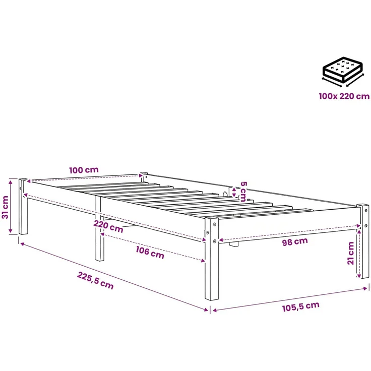 vidaXL Massivholzbett Extra Lang ohne Matratze 100x220 cm Kiefernholz 852418 – Bild 9