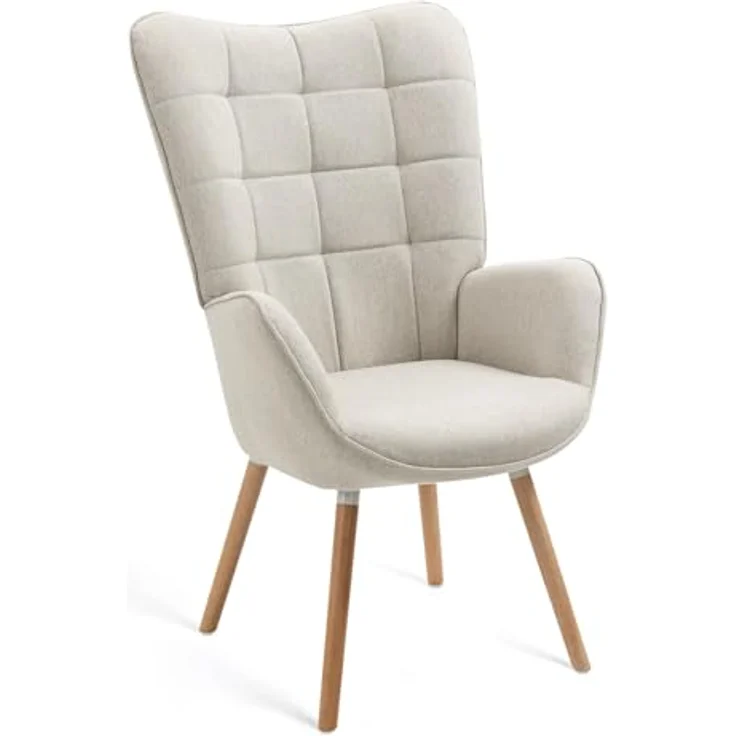 MEUBLE COSY Sessel Relaxsessel Lehnstühle Polstersessel Einzelsofa mit Holzbein Ohrensessel für Wohnzimmer Schlafzimmer Büro Vanity, Stoff, Beige – Bild 2