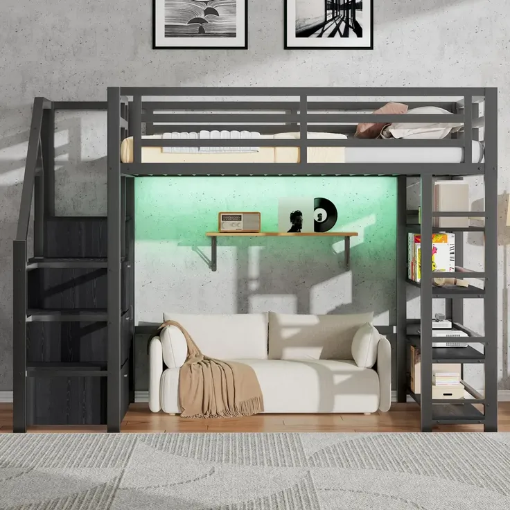 Hochbett mit Kleiderschrank, LED-Streifen, Rausfallschutz und Regal, 140x200cm, Treppe mit Schränken, und, Kinderbett, Metallbett – Bild 3