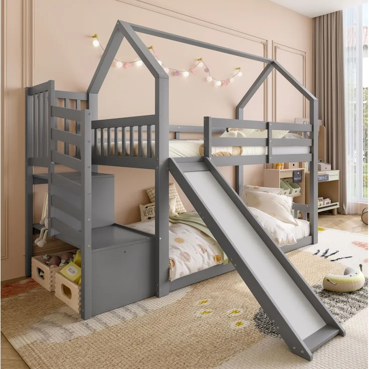 CHICFURN Etagenbett aus Kiefernholz und MDF Grau 90x200 cm mit Rutsche und Stauraumtreppe – Bild 1