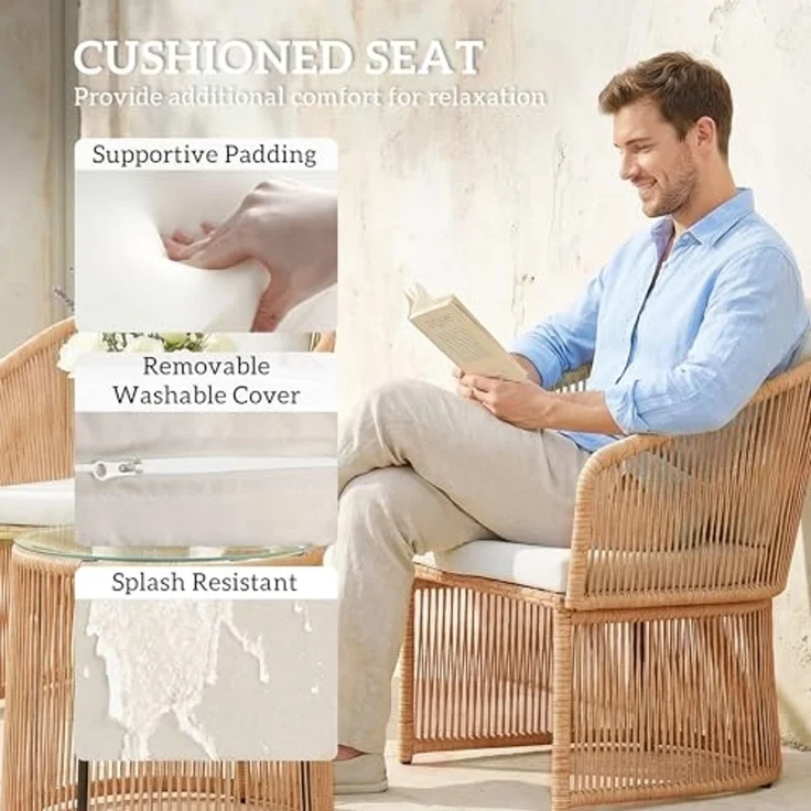 Outsunny Sitzgruppe Rattan-Bistro-Set, (Set, 3-tlg, 1 Tisch, 2 Sessel), Rattan-Bistro-Set mit Kissen – Bild 7