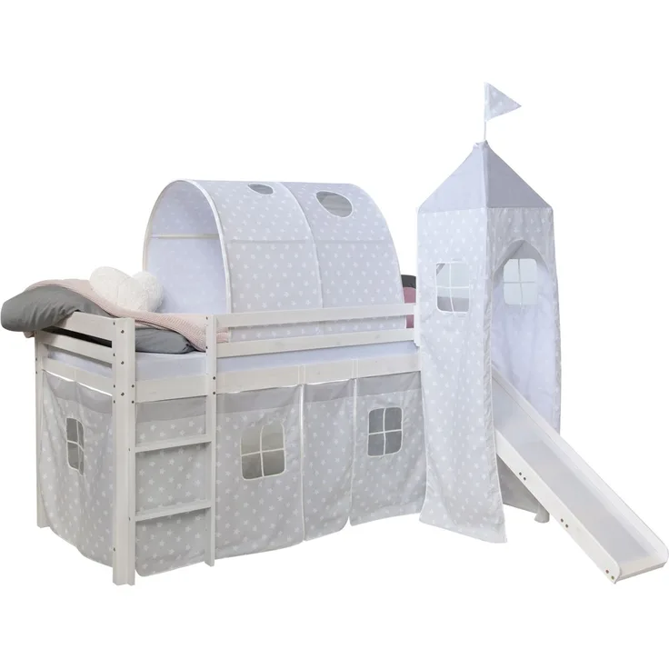 Homestyle4u Spielbett mit Tunnel, Rutsche und Turm, Stern, Kiefernholz grau, 90x200 cm