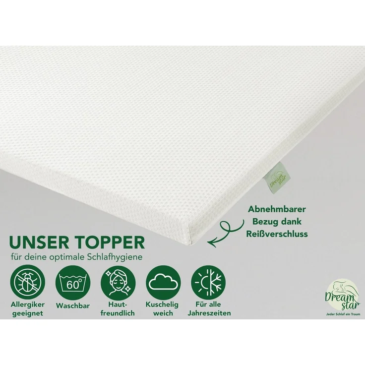 Dreamstar, Topper Easy Dream, ergonomischer Matratzentopper, Kaltschaum - H2/H3/H4/H5, 5 cm hoch, Kaltschaum, rutschfest, Bezug waschbar - für Matratzen und Boxspringbetten – Bild 4
