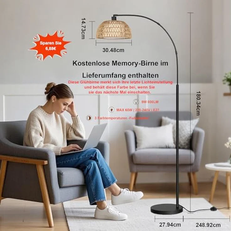 ROTTOGOON Bogen Rattan Stehlampe für Wohnzimmer 3 Farbtemperaturen Dimmbare 9W LED mit Fußschalter Boho Landhausstil Stehleuchte für Schlafzimmer Büro inkl. Birne Schwarz – Bild 2