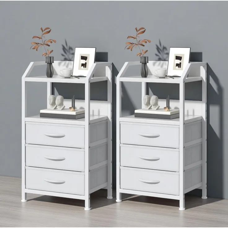 Feonase Nachttisch 2er Set mit 3 Schubladen & offenem Fach, kleine Kommode & Beistelltisch, MDF-Nachtschrank für Schlafzimmer, Wohnzimmer, Weiß