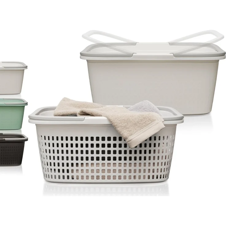 Hausfelder Wäschekorb Wäschewanne 58x37x25cm (Weiß, 1 Korb + 1 Wanne, 35 l) (Set, 2 St, 1 x Wäschekorb + 1 x Wäschewanne), mit klappbaren Henkeln, mit Griffen, 35 Liter