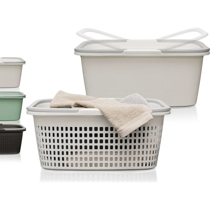 Hausfelder Wäschekorb Wäschewanne 58x37x25cm (Weiß, 1 Korb + 1 Wanne, 35 l) (Set, 2 St, 1 x Wäschekorb + 1 x Wäschewanne), mit klappbaren Henkeln, mit Griffen, 35 Liter