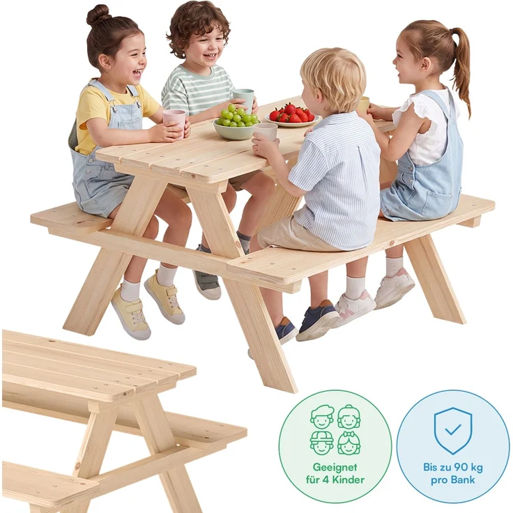 Bellabino 'Inny' Sitzgarnitur für Kinder, Kiefer massiv, natur unbehandelt, 50x83x89 cm, Kindersitzgarnitur für 4 Personen, ab 2 Jahren – Bild 1