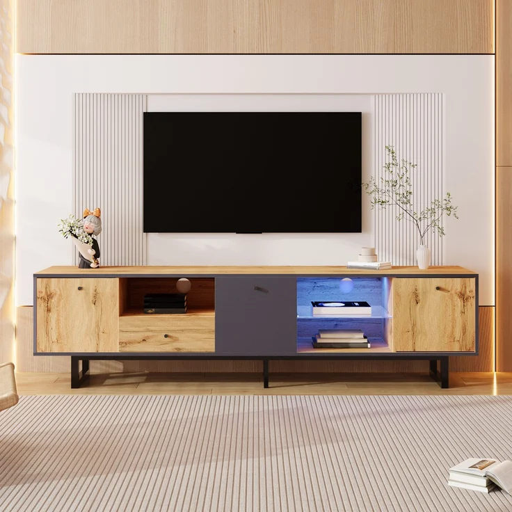 TV-Schrank Holz Grau Anthrazit 190 x 40 x 50 cm, LED-Beleuchtung & Glasböden,mit 3 Türen, 3 offenen Fächern – Bild 5