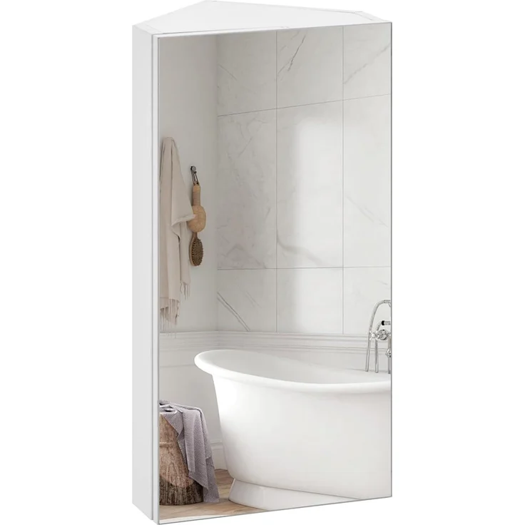 TUKAILAI Spiegelschrank Bad, Badschrank mit Spiegel mit 2 Regalebenen, Eckspiegel Badezimmerschrank, Badezimmerspiegel mit Türen, Spiegelschrank Bad mit Ablagen, Weiß – Bild 1