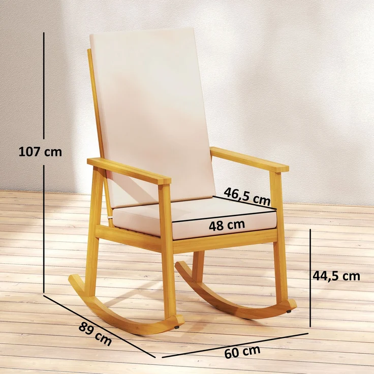MELAYR, Schaukelstuhl aus Akazienholz Schaukelsessel mit hoher Rückenlehne Kissen bis 160 kg 60 x 89 x 107 cm Beige – Bild 5