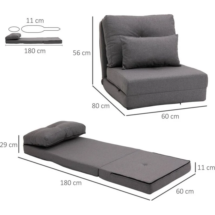 HOMCOM Schlafsofa mit verstellbarer Rückenlehne, Zierkissen, Bodensofa 1 Teile, für Wohnzimmer, Schlafzimmer, Leinen, Dunkelgrau – Bild 2