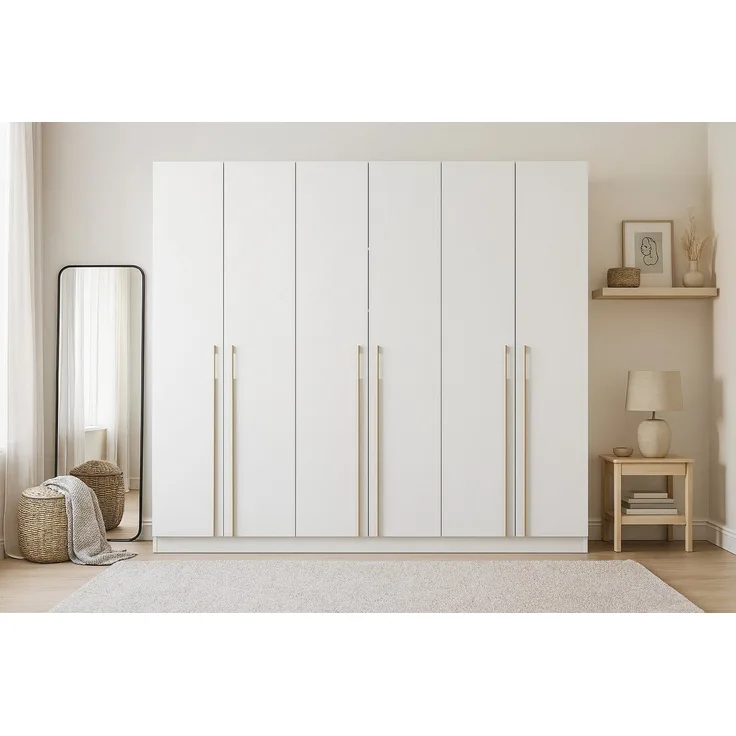 Deine Möbel 24 Kleiderschrank MIRELO 6-türig Drehtürenschrank mit goldfarbenen Griffen 230 x 210 x 57 cm (Set, 1-St, Einzelmöbel – frei kombinierbar mit weiteren Möbeln der Serie MIRELO) in Weiß Matt, Schwarz Matt und Cashmere