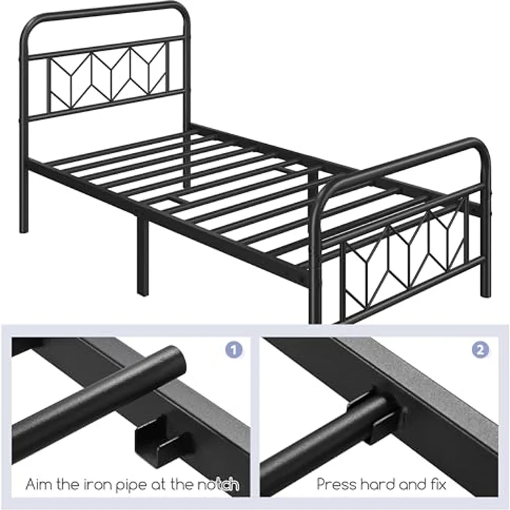 Yaheetech Bettgestell 90x190 cm, Vintage Metallbett Bettrahmen mit Hohem Kopfteil, Moderner Minimalistischer Einzelbett mit Lattenrost & Stauraum unter dem Bett, Gästerbett für Schlafzimmer, Schwarz – Bild 7