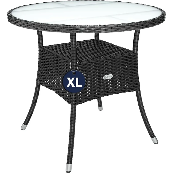 Casaria Gartentisch, Polyrattan Rund Glas Höhenverstellbar 80kg Belastbarkeit Wetterfest