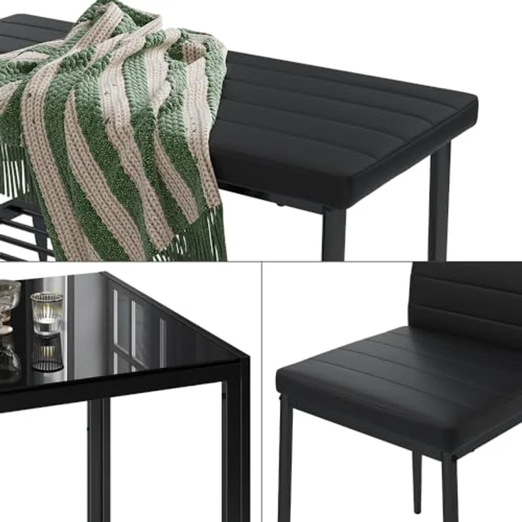 Vicco Esstisch-Set Grand, Schwarz, Rechteckiger Tisch 120x75x70 cm aus Glas und Metall mit Kunstlederbänken und Stühlen – Bild 6