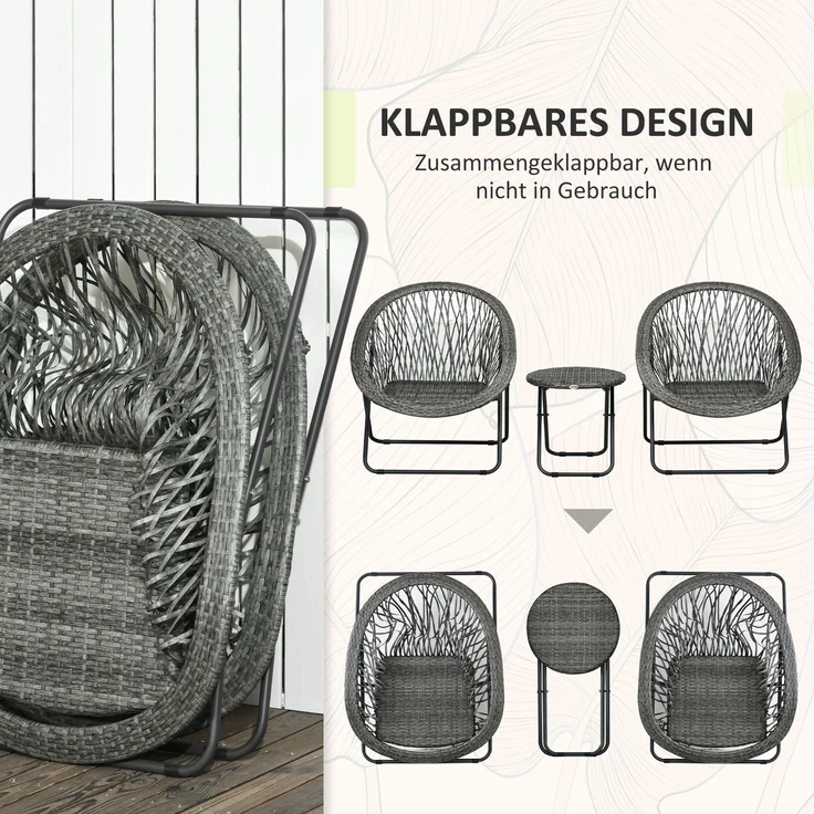 Gartenstuhl-Set mit klappbarem Beistelltisch 46 x 46 x 43 cm, 3-teilig, Grau, Kunstrattan und Stahl – Bild 5