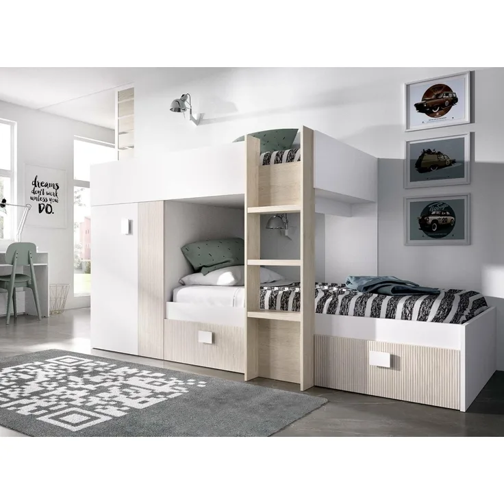Dmora - Schlafzimmer Cevedale, Komplettes Schlafzimmer, Etagenbettkomposition mit Zwei Einzelbetten, 271 x 111 x 150 cm, Weiß und Eiche