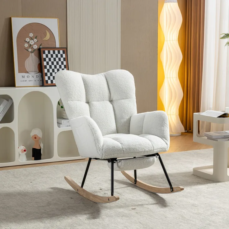 Teddy-Schaukelstuhl mit Holz- & Metallrahmen,ergonomisch gepolstert,Weiß,leises Design für Wohnzimmer, Schlafzimmer & Büro