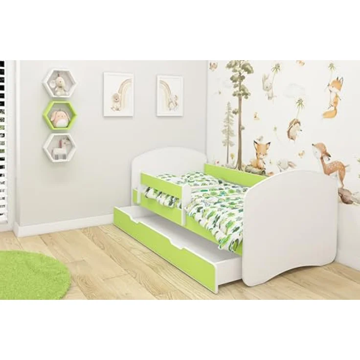 Kinderbett Jugendbett mit einer Schublade und Matratze Weiß ACMA II (160x80 cm + Schublade, Grün) – Bild 3