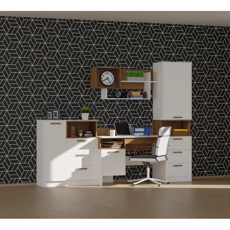 Marmex Möbel Grant Set-02B Jugendzimmer Komplett-Set 4-teilig mit Kommode, Schreibtisch, Wandregal, geschlossenes Regal, Kinderzimmermöbel mit Schreibtisch, laminierte Spanplatte, weiß+riviera Eiche, 250x195x55 cm – Bild 6