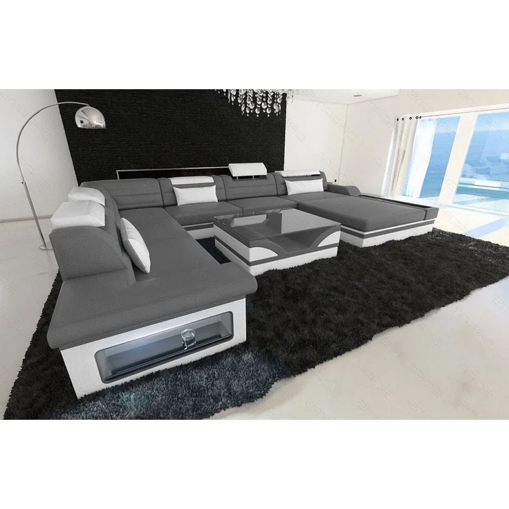 Mini Designer-Wohnlandschaft Mezzo XXL mit LED - Ledermix - Grau-Weiß - Rechts – Bild 3