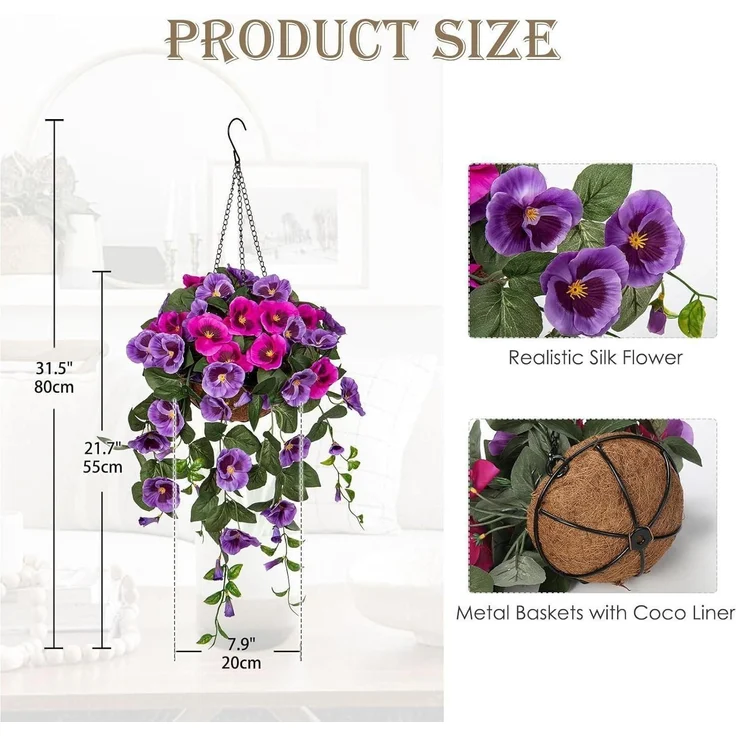Kunstblume Pansy Stiefmütterchen Hängend 80cm lila Deko Blumen Grünpflanze – Bild 2