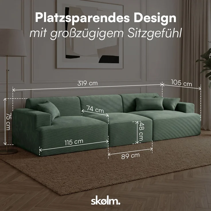 skølm 'Freki' Cloud Sofa 3 Sitzer, Vollschaumcouch mit Federkern und Vakuum-Kompression, kein Aufbau erforderlich, mit 3 Kissen, Cord dunkelgrün – Bild 8