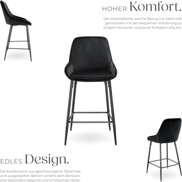 tectake Thekenstuhl Siera, Barhocker aus Samt in Schwarz, 49x100x54 cm, höhenverstellbare Kunststofffüße, Fußstütze, ergonomische Rückenlehne – Bild 5