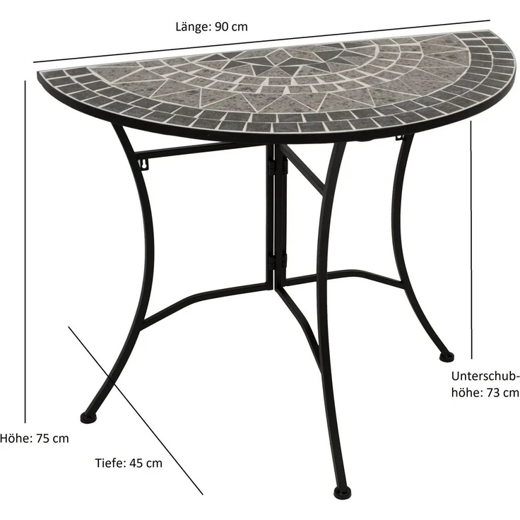 DEGAMO Gartentisch SIENA (1-St), Wandtisch halbrund 45x90cm, Eisen schwarz, Platte Mosaik grau/weiss – Bild 3