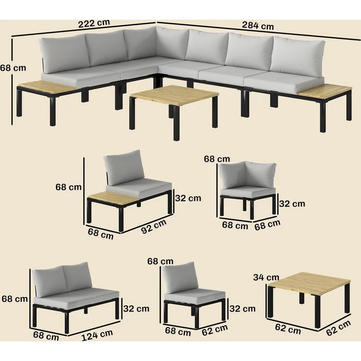 Wohnora-6-teiliges modulares Gartenmöbelset, Gartensofa, das sich in ein Bett verwandeln lässt, Couchtisch und Beistelltische, Grau,H 68cm x T 284cm x B 222cm,Hellgrau – Bild 3