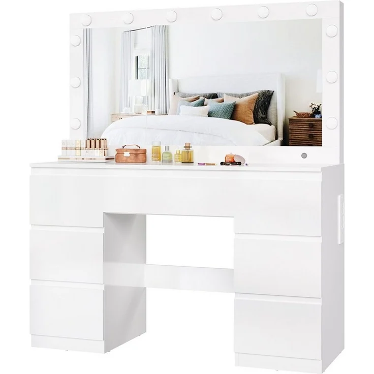 Furnicopia Schminktisch Großer verspiegelter Schminktisch mit sieben Schubladen (Abmessungen: 120 × 40 × 140 cm, 2 Steckdosen, 1 USB-Anschluss, 1 Typ-C-Anschluss. Spiegeldurchmesser: 106 cm. Inklusive Schmuckschrank mit speziellen Fächern für Halskette... – Bild 1