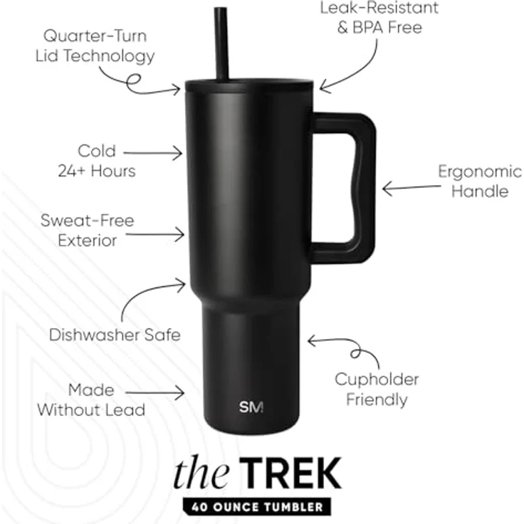 Simple Modern Thermobecher mit Strohhalm und Griff | Isolierter Edelstahl-Trinkbecher Eiskaffee-Reisebecher | Geschenke für Frauen und Männer | Trek | 1180ml | Midnight Black – Bild 3