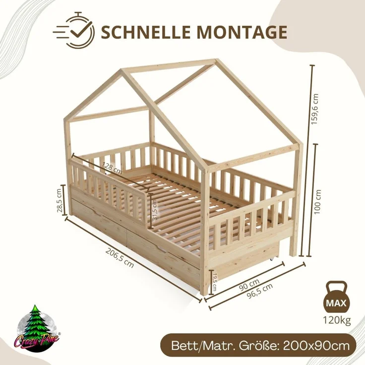 Crazy Pine 'Crazy House' Hausbett mit abnehmbaren Rausfallschutz, Naturholz, Natur, 90x200 cm, mit Schubladen – Bild 2