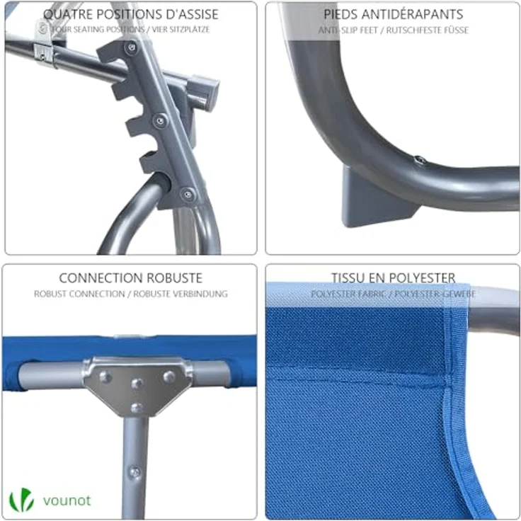 VOUNOT 2er Set Sonnenliege mit Dach, Klappbare Strandliege, Gartenliege Liegestuhl, Sonnendach und Rückenlehne Verstellbar, 190 x 58 x 27 cm, Blau – Bild 5