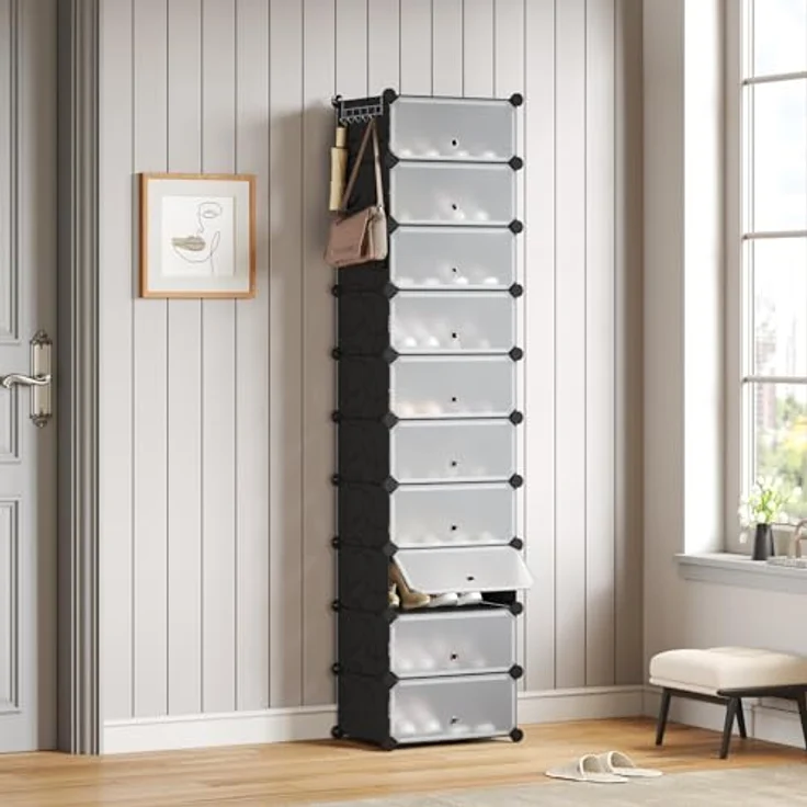 Mondeer Schuhregal, Kunststoff Schuhschrank, Modulares Schuhaufbewahrung mit Tür, Staub- und Wasserabweisend, Platzsparendes, 10 Fächer für Foyer, Schlafzimmer, Wohnzimmer, für 20 Paar Schuhe, Schwarz – Bild 3