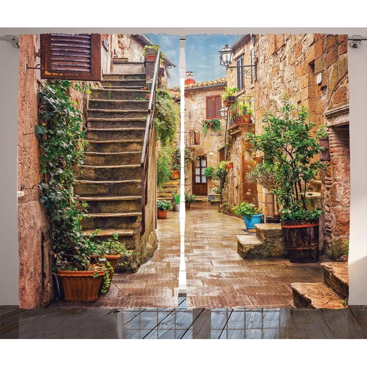 Abakuhaus Gardine Schlafzimmer Kräuselband Vorhang mit Schlaufen und Haken, Italien Old Stone Street Häuser – Bild 1