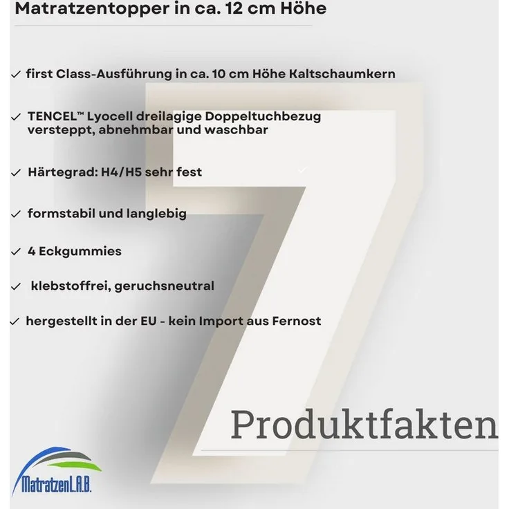MatratzenL.A.B®, Topper TENCEL™ Lyocell Premium Bezug, H4/H5 sehr fest, 10 cm hoch, Kaltschaum, Matratzentopper ideal für Ihre Boxspringbett. klebstofffrei