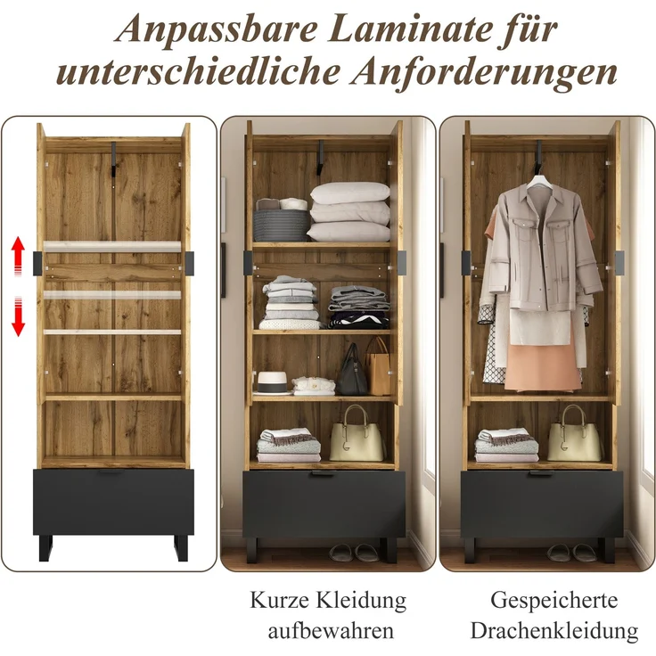 Merax Garderobenschrank-1St, 1 Schubkästen, Ein Fach mit verstellbaren Einlegeböden,mit Kleiderstange, Holz und Schwarz – Bild 5