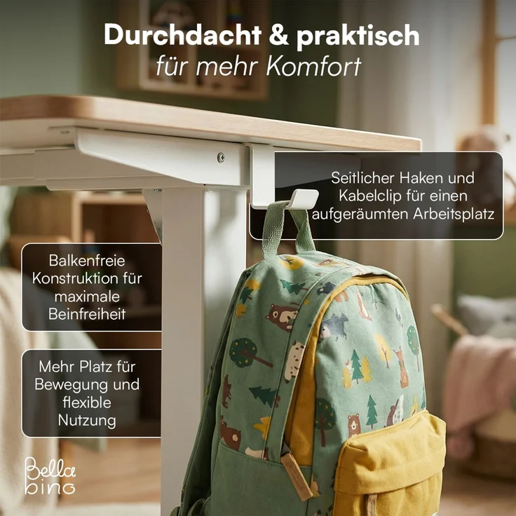 Bellabino 'Toro' Kinderschreibtisch 110x60 cm, elektrisch höhenverstellbar, weiß, Schreibtisch mit kindergesicherter Steuerung, LED-Höhenanzeige und 3 Speicherhöhen, Jugendschreibtisch mit Rucksackhaken, ab 6 Jahren – Bild 8