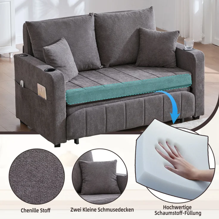 Wohnora-Multifunktionales Stoffsofa, ausziehbares Klappsofa, als Sofa oder Bett nutzbar, mit Aufbewahrungstaschen an den Armlehnen, USB-Ladefunktion und Getränkehaltern (grauer Chenille-Stoff),H 83cm x T 139cm x B 73cm,Grau – Bild 4