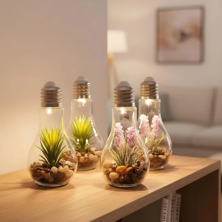 Levandeo® LED Dekoobjekt, 4er Set Sukkulenten Glühbirne Glas je B x H 8 x 19cm Deko LED Lampe