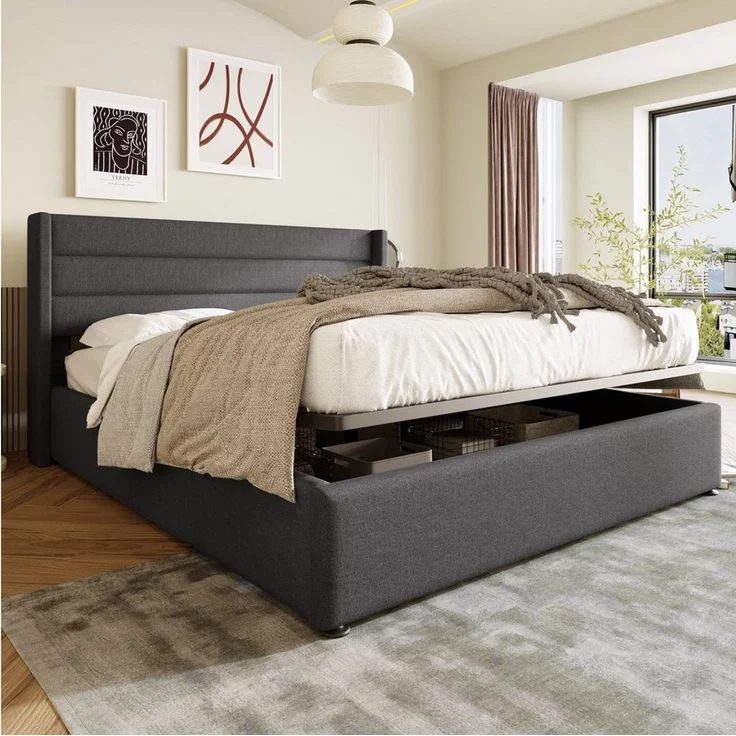 Odikalo Stauraumbett Polster Doppelbett 140/160/180 Lattenrost mit/ohne Matratze Beige/Grau – Bild 1