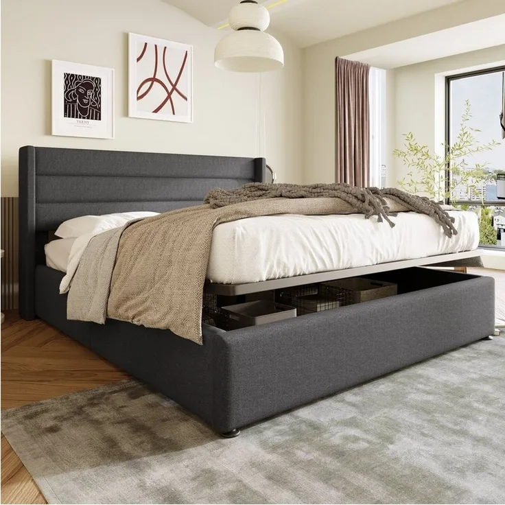 Odikalo Stauraumbett Polster Doppelbett 140/160/180 Lattenrost mit/ohne Matratze Beige/Grau