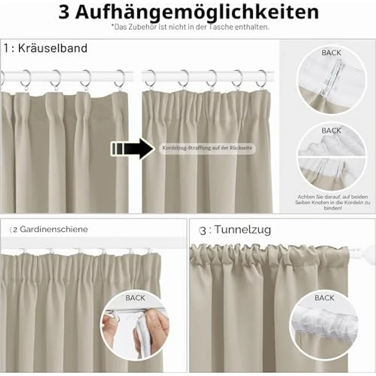 Deconovo Vorhang Blickdicht mit Kräuselband Hitzeschutz Gardinen Hellbeige | 2er Set, H 229 x B 229 cm, Schlafzimmer Gardinen, für Schlafzimmer, Blackout Curtains, Sichtschutz, UV-schutz, Übergardinen – Bild 3