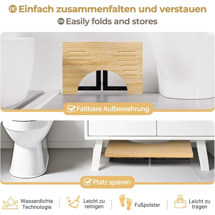 Yorbay Badhocker Bambus Toilettenhocker mit Klappfunktion, 3-Stufen Höheneinstellung, Rutschfeste Oberfläche – Bild 6